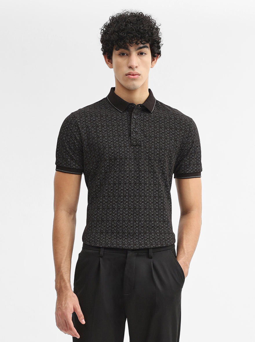 Black Printed Slim Fit Polo T-Shirt | JadeBlue