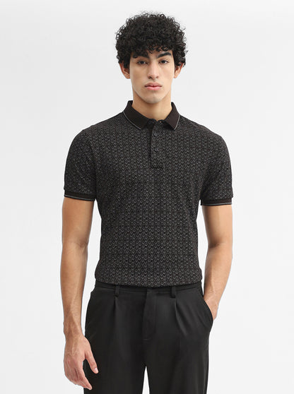 Black Printed Slim Fit Polo T-Shirt | JadeBlue