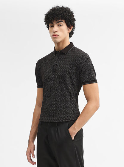 Black Printed Slim Fit Polo T-Shirt | JadeBlue