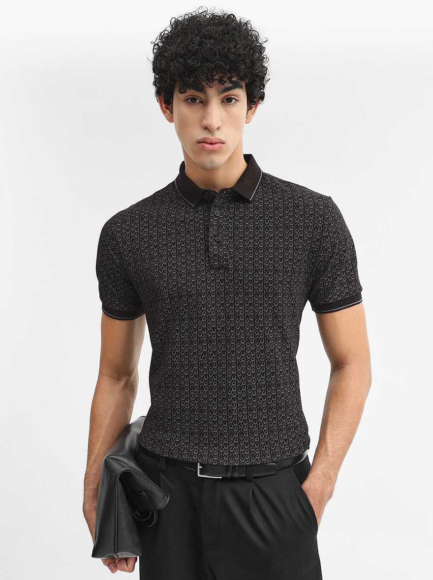 Black Printed Slim Fit Polo T-Shirt | JadeBlue