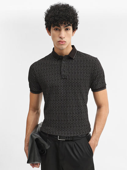 Black Printed Slim Fit Polo T-Shirt | JadeBlue