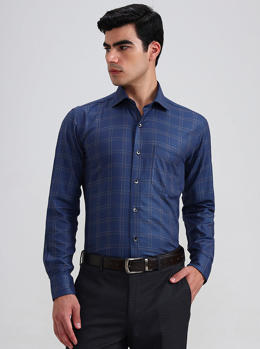 Blue Checked Slim Fit Formal Shirt | Metal