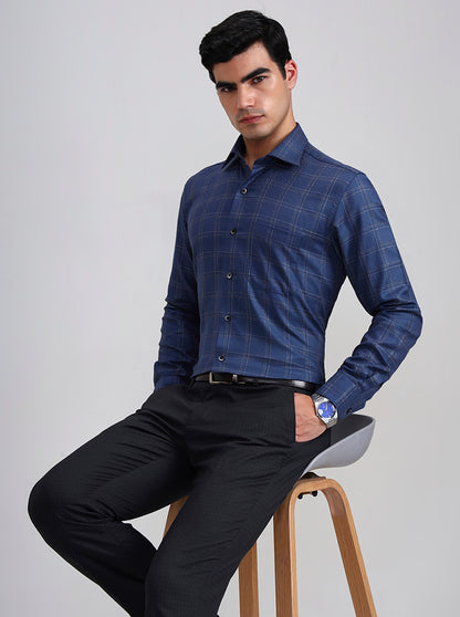 Blue Checked Slim Fit Formal Shirt | Metal