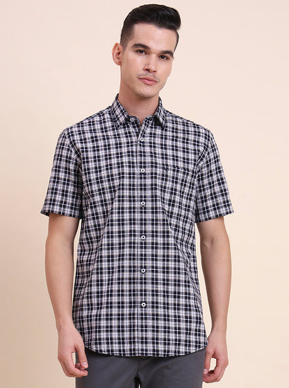 Navy Blue Checked Smart Fit Semi Casual Shirt | Greenfibre