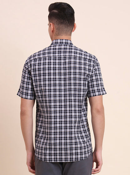 Navy Blue Checked Smart Fit Semi Casual Shirt | Greenfibre