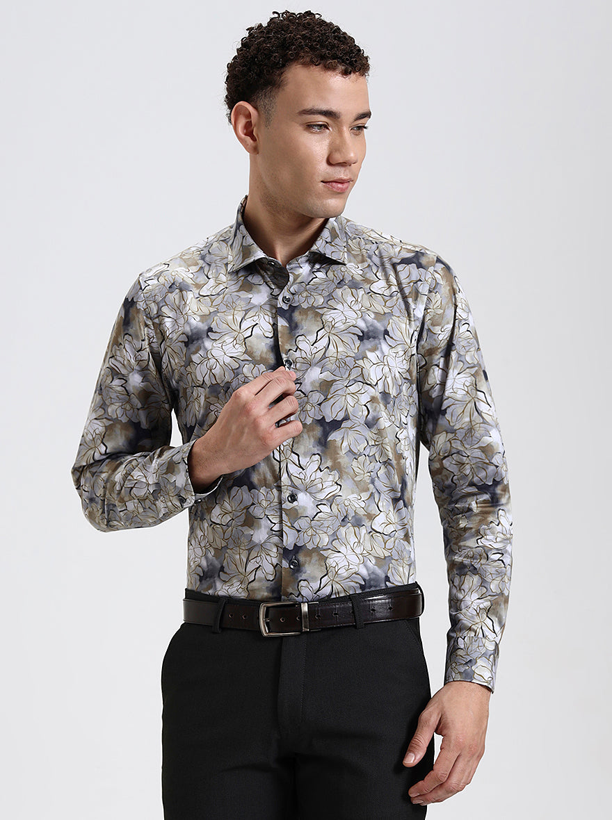 Khaki & Grey Printed Slim Fit Party Wear Shirt | Wyre