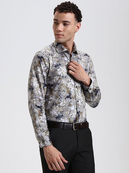 Khaki & Grey Printed Slim Fit Party Wear Shirt | Wyre