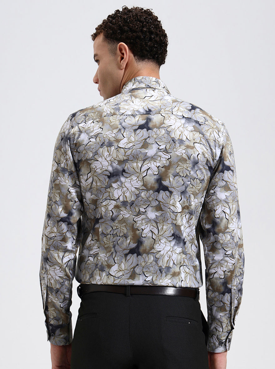 Khaki & Grey Printed Slim Fit Party Wear Shirt | Wyre