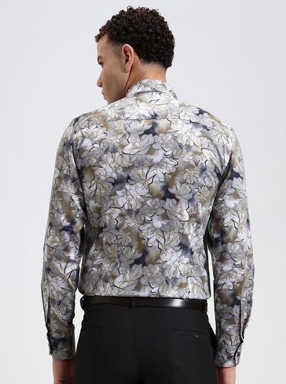 Khaki & Grey Printed Slim Fit Party Wear Shirt | Wyre