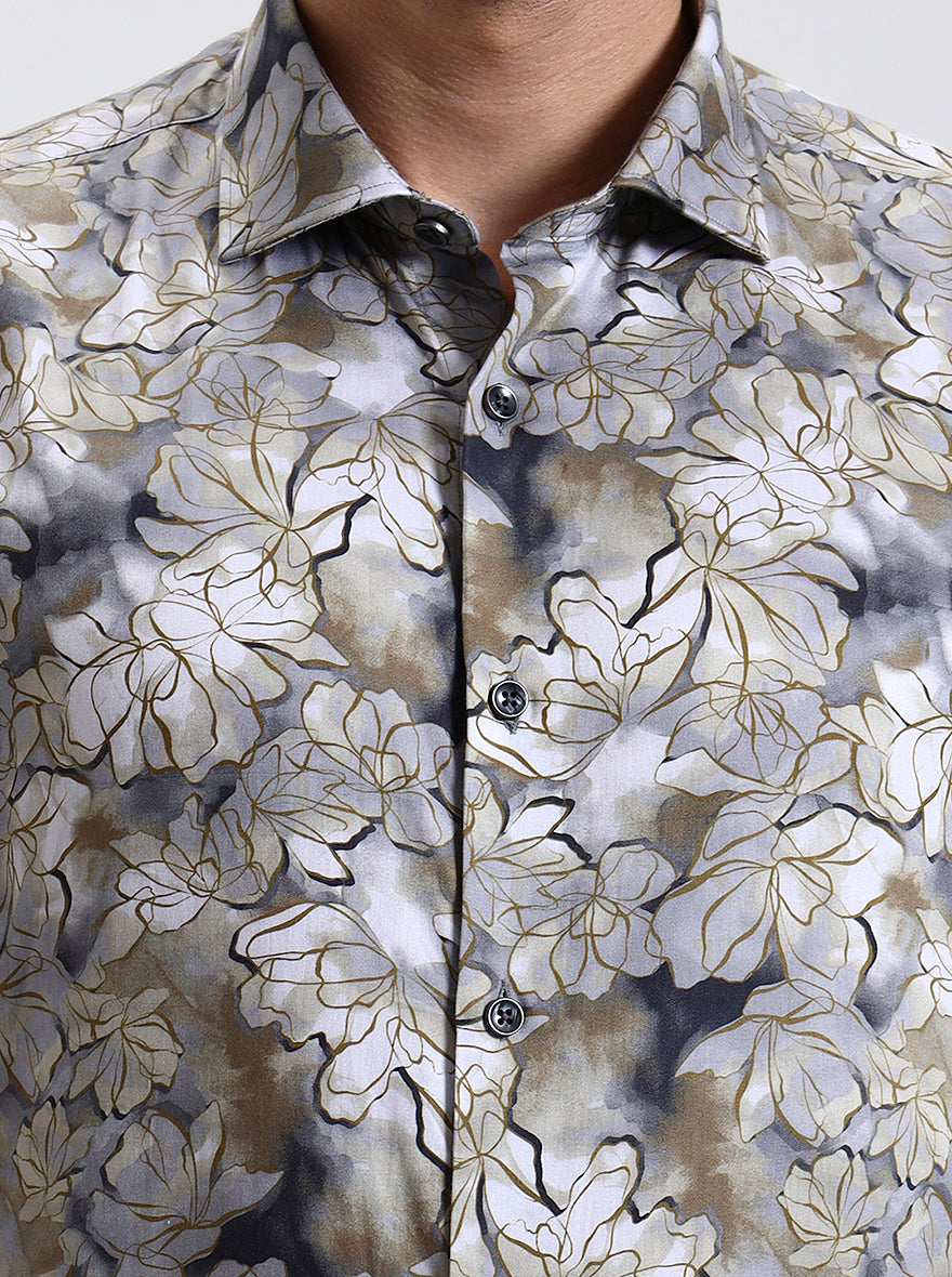 Khaki & Grey Printed Slim Fit Party Wear Shirt | Wyre