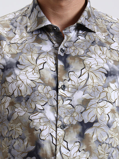 Khaki & Grey Printed Slim Fit Party Wear Shirt | Wyre