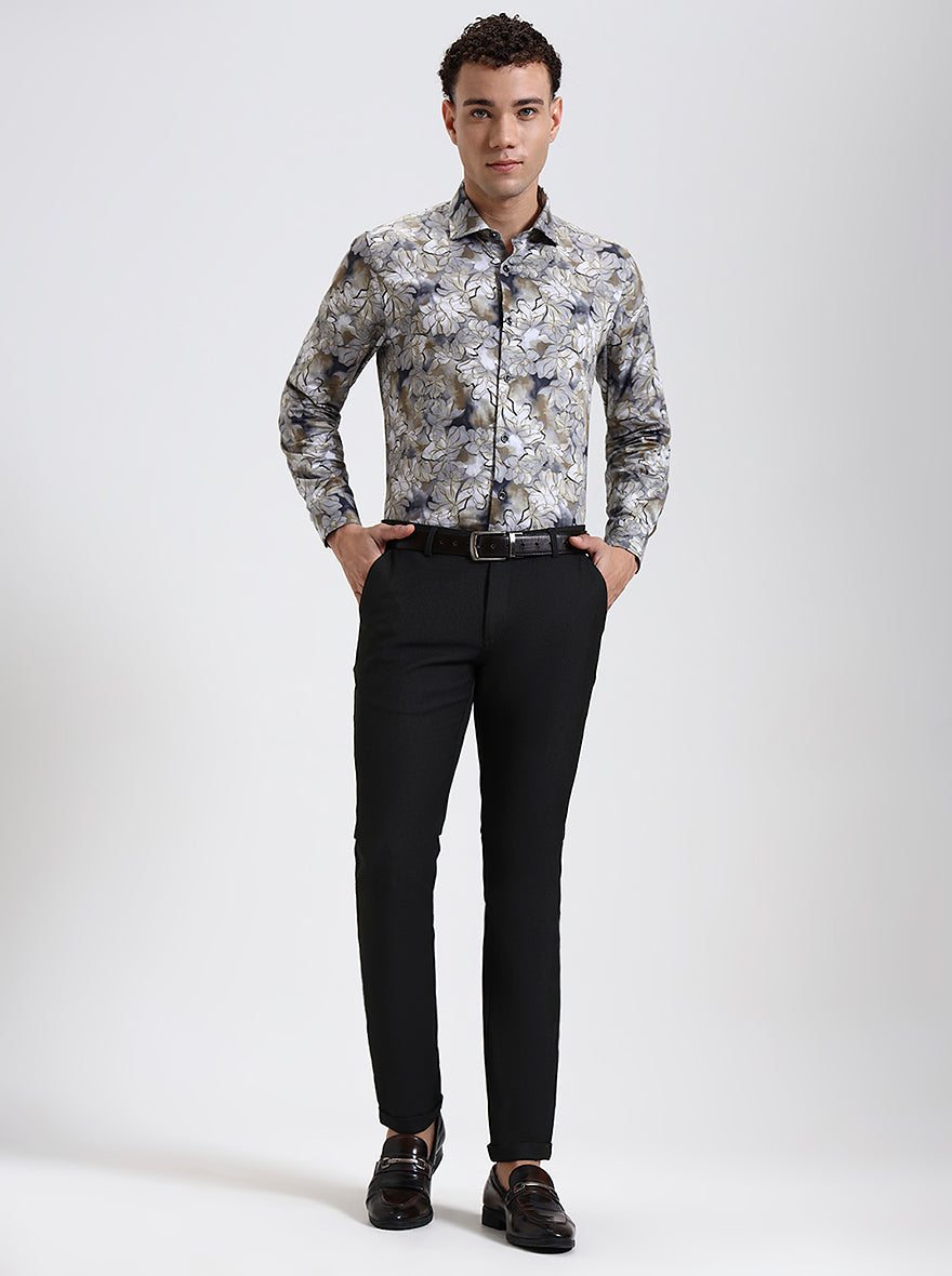 Khaki & Grey Printed Slim Fit Party Wear Shirt | Wyre