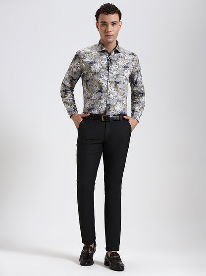 Khaki & Grey Printed Slim Fit Party Wear Shirt | Wyre
