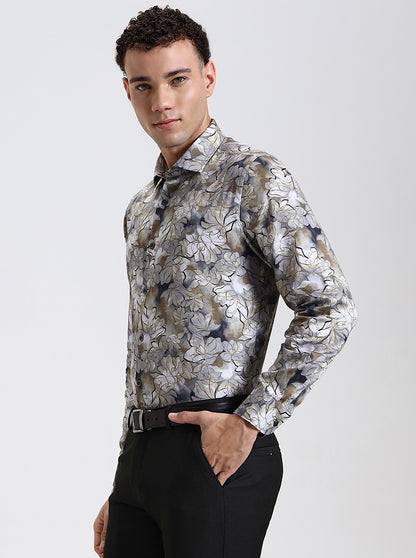 Khaki & Grey Printed Slim Fit Party Wear Shirt | Wyre