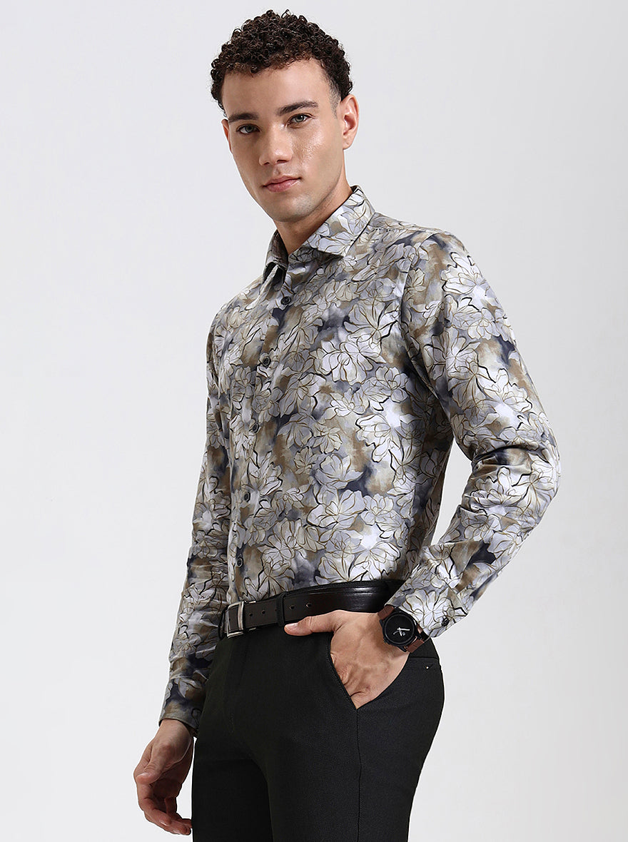 Khaki & Grey Printed Slim Fit Party Wear Shirt | Wyre
