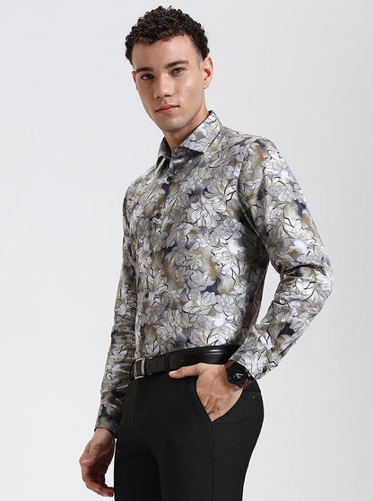 Khaki & Grey Printed Slim Fit Party Wear Shirt | Wyre