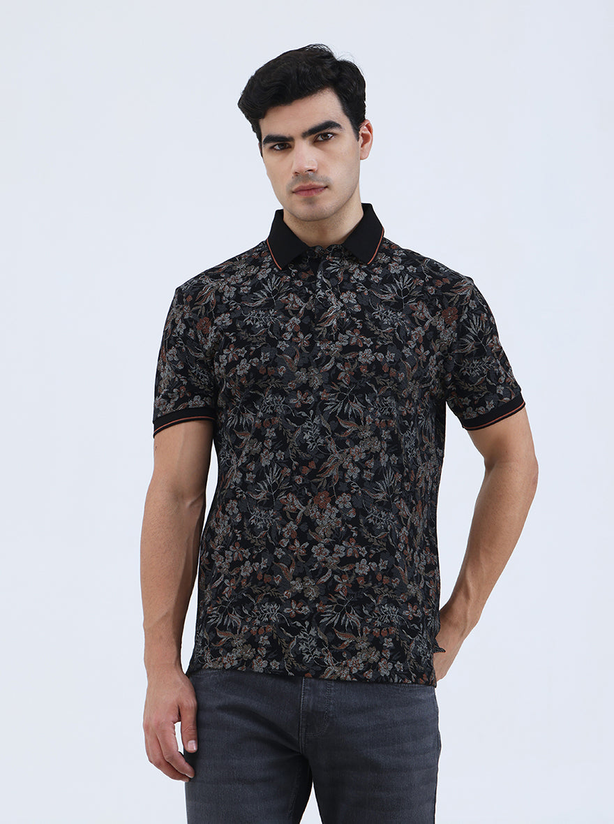 Black Printed Slim Fit Polo T-Shirt | JadeBlue