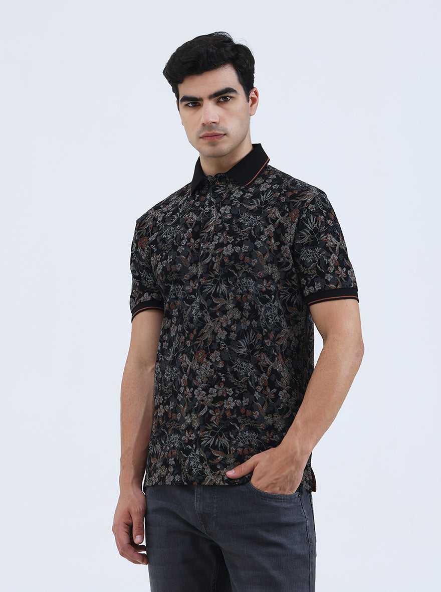 Black Printed Slim Fit Polo T-Shirt | JadeBlue