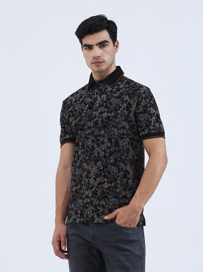 Black Printed Slim Fit Polo T-Shirt | JadeBlue