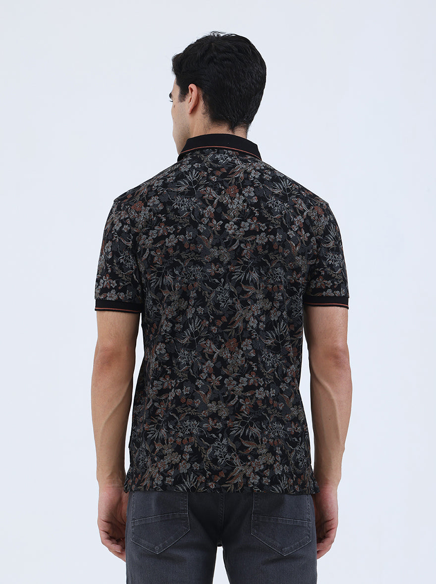Black Printed Slim Fit Polo T-Shirt | JadeBlue