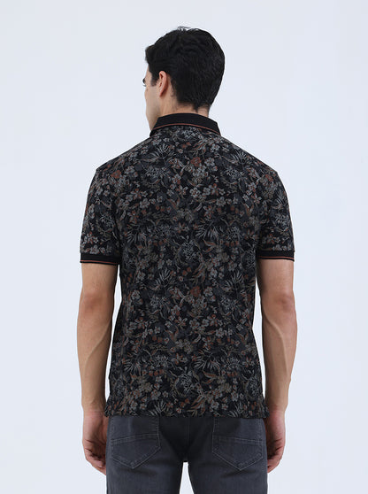 Black Printed Slim Fit Polo T-Shirt | JadeBlue