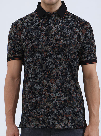 Black Printed Slim Fit Polo T-Shirt | JadeBlue