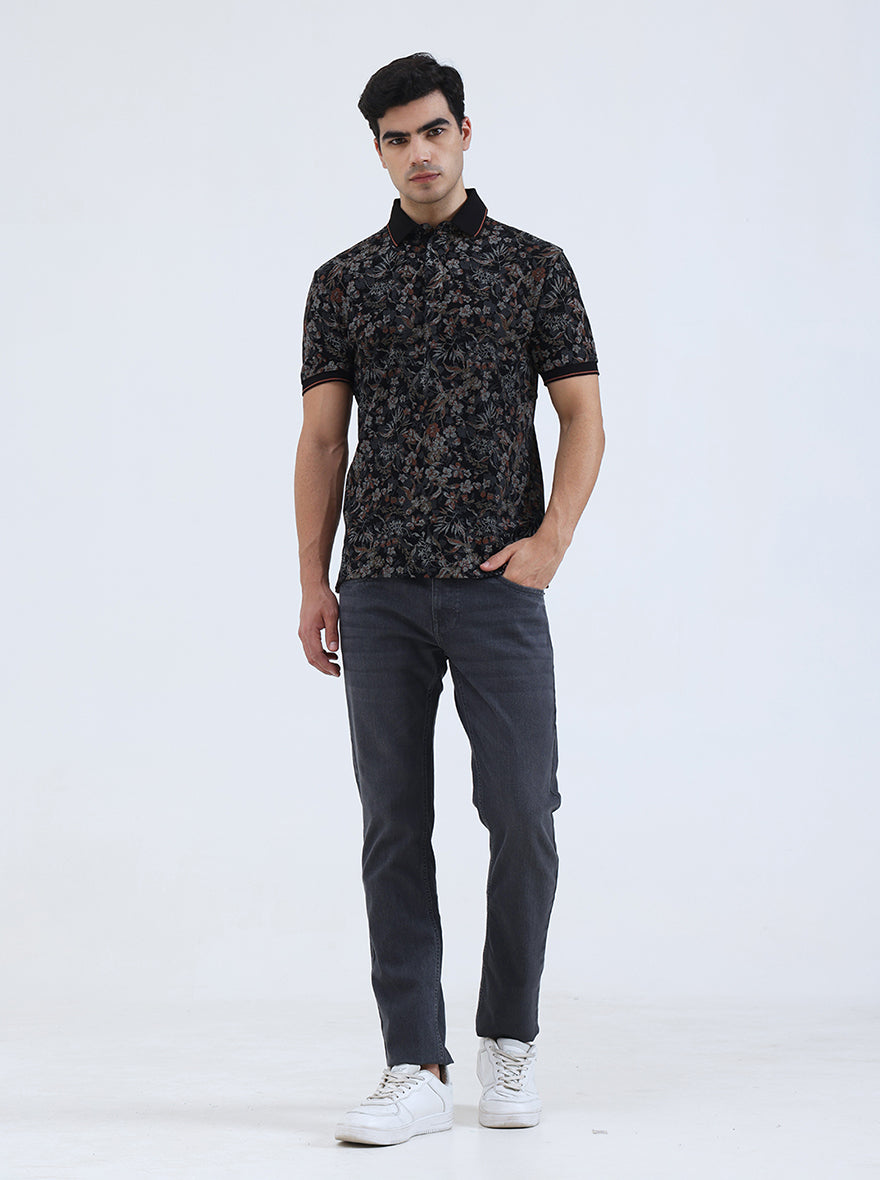 Black Printed Slim Fit Polo T-Shirt | JadeBlue