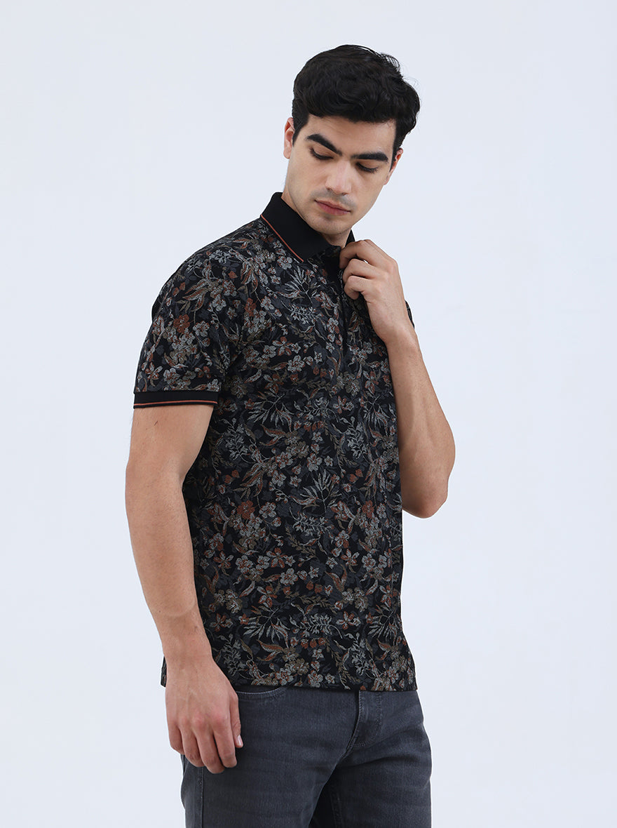 Black Printed Slim Fit Polo T-Shirt | JadeBlue