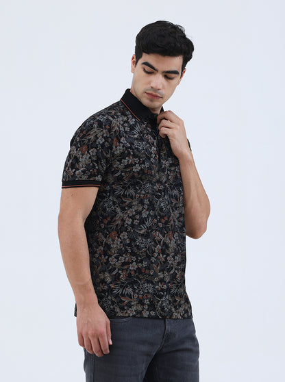 Black Printed Slim Fit Polo T-Shirt | JadeBlue