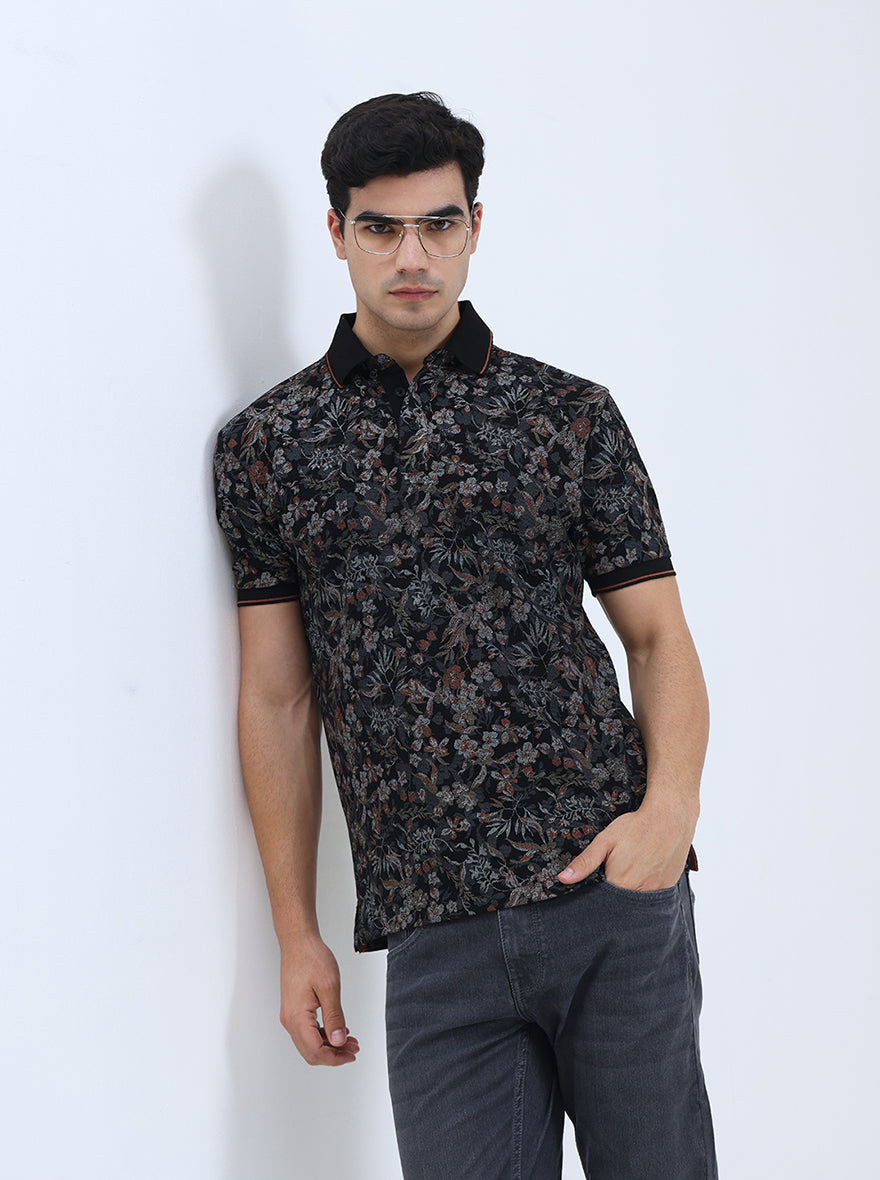 Black Printed Slim Fit Polo T-Shirt | JadeBlue