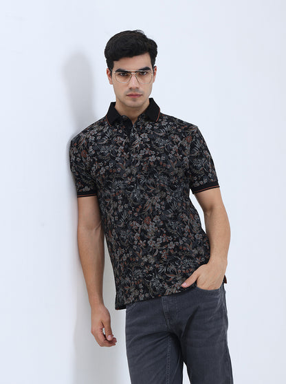 Black Printed Slim Fit Polo T-Shirt | JadeBlue