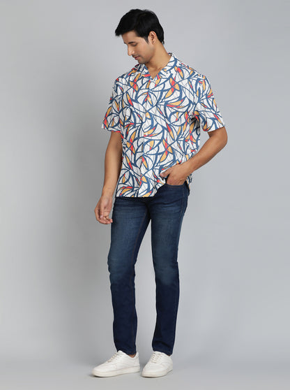 Blue Printed Slim Fit Casual Shirt | JadeBlue