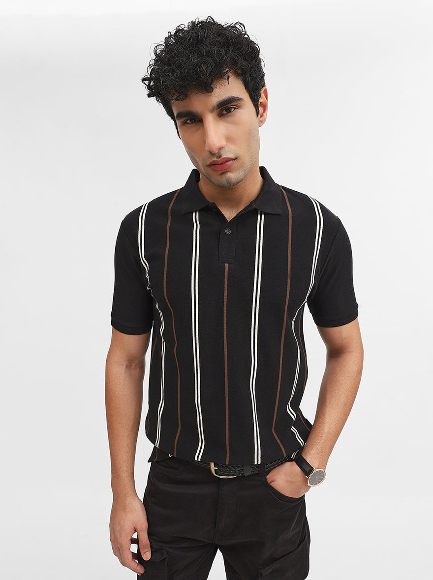 Black & White Striped Slim Fit Polo T-Shirt | Greenfibre