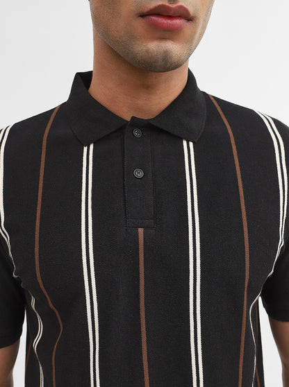 Black & White Striped Slim Fit Polo T-Shirt | Greenfibre