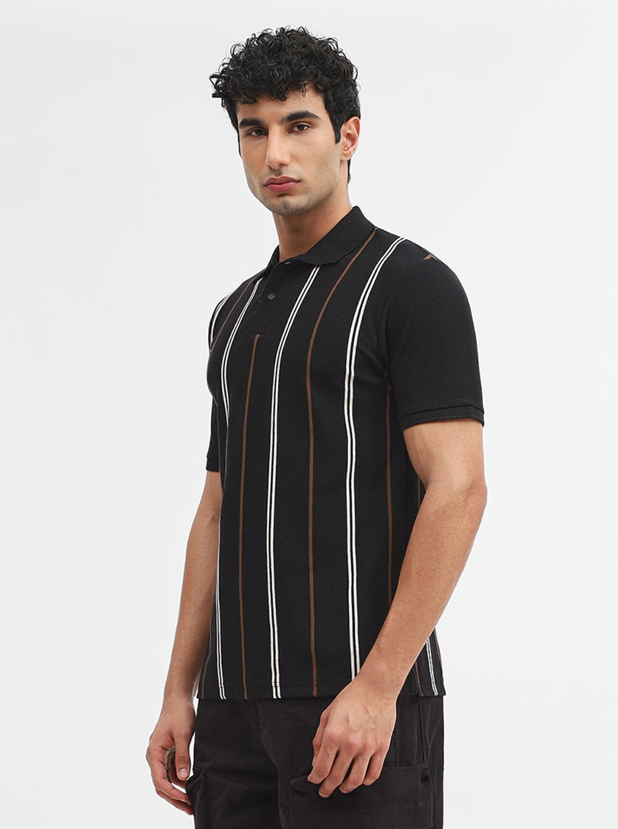 Black & White Striped Slim Fit Polo T-Shirt | Greenfibre