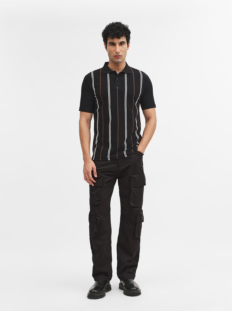 Black & White Striped Slim Fit Polo T-Shirt | Greenfibre
