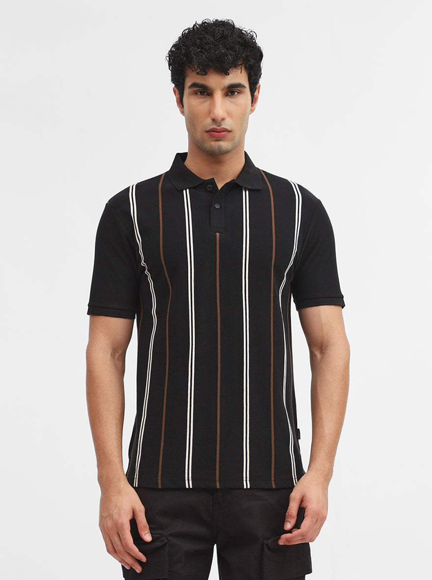 Black & White Striped Slim Fit Polo T-Shirt | Greenfibre
