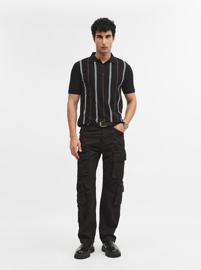 Black & White Striped Slim Fit Polo T-Shirt | Greenfibre
