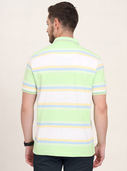 White & Green Striped Slim Fit Polo T-Shirt | JadeBlue