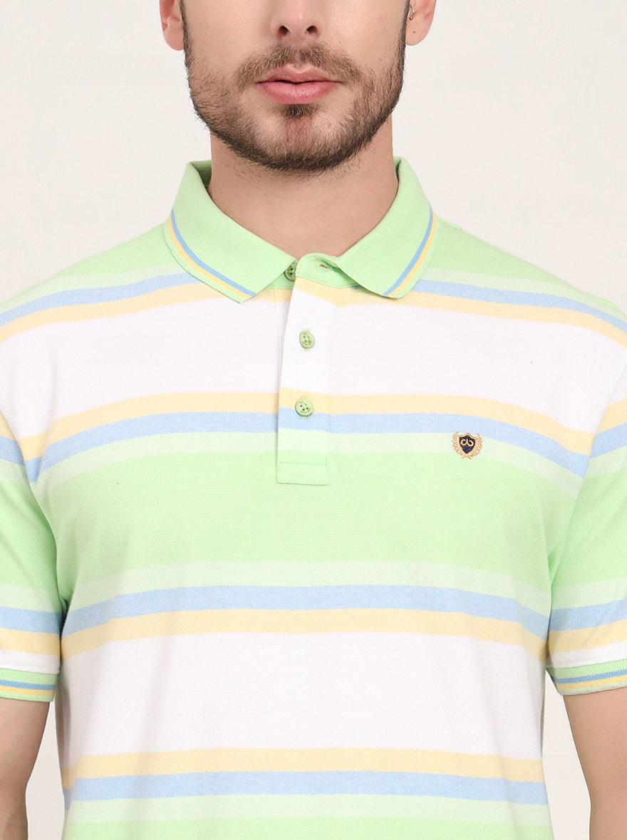 White & Green Striped Slim Fit Polo T-Shirt | JadeBlue