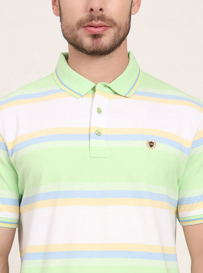 White & Green Striped Slim Fit Polo T-Shirt | JadeBlue