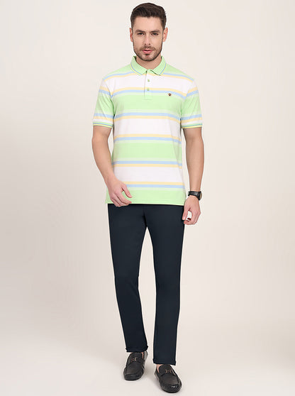 White & Green Striped Slim Fit Polo T-Shirt | JadeBlue