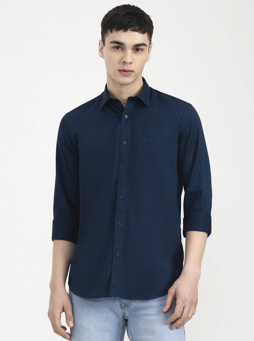 Medium Blue Solid Tailored Fit Semi Casual Shirt | JadeBlue