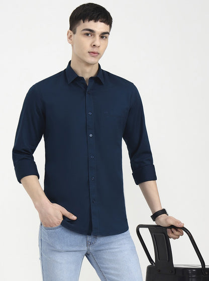 Medium Blue Solid Tailored Fit Semi Casual Shirt | JadeBlue