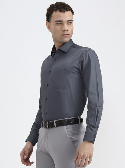 Dark Grey Solid Slim Fit Formal Shirt | Metal