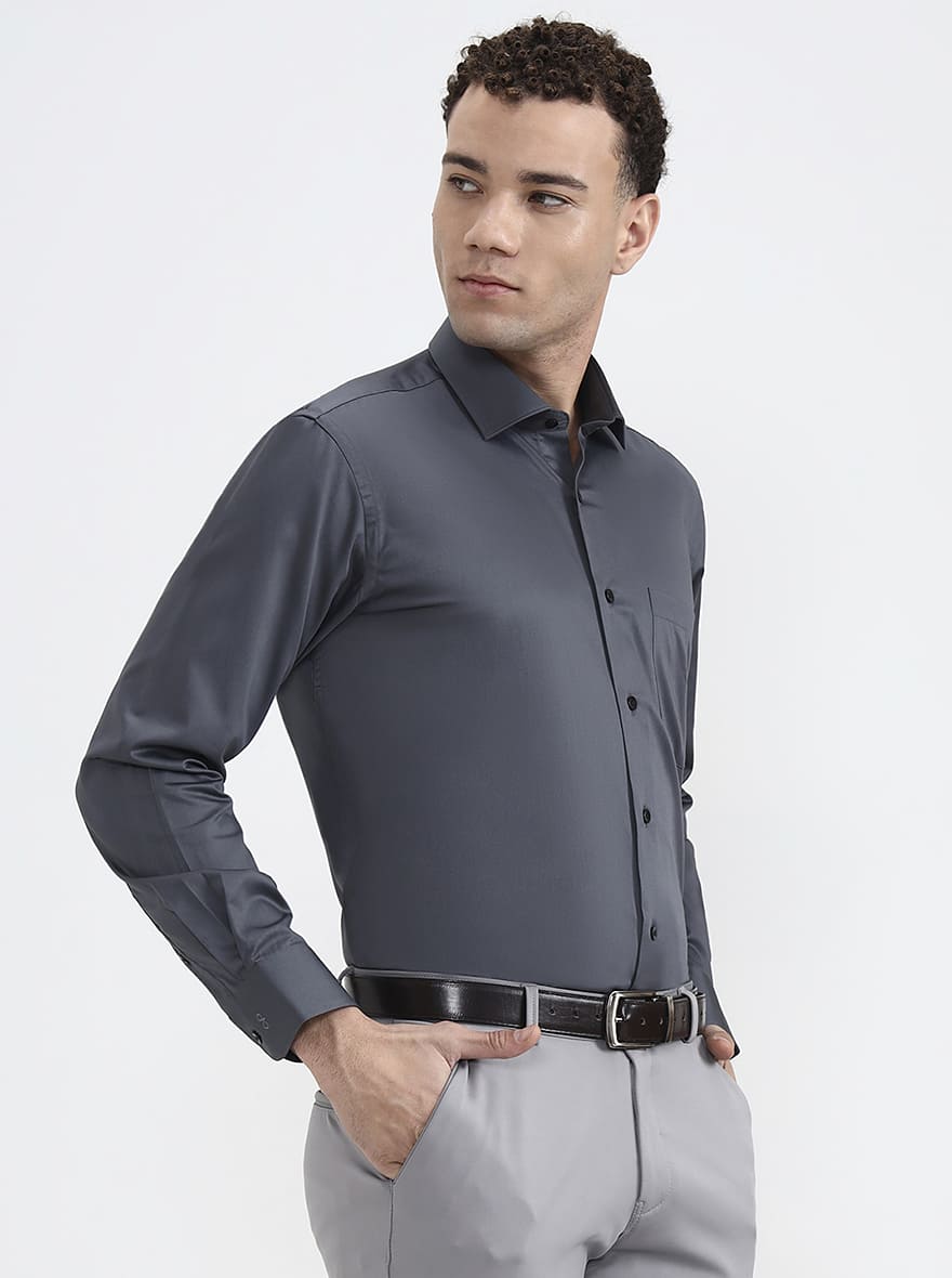 Dark Grey Solid Slim Fit Formal Shirt | Metal