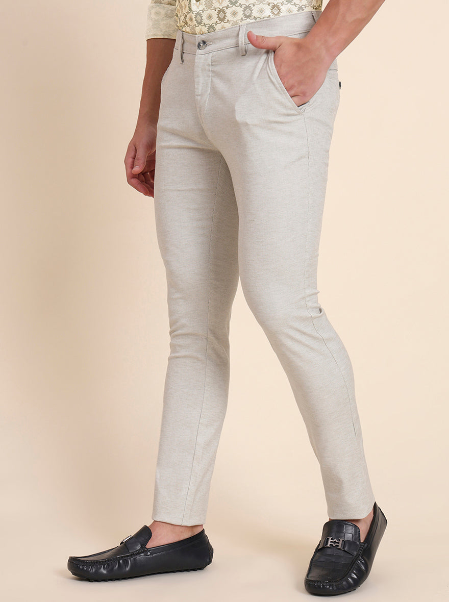 Beige Printed Super Slim Fit Casual Trouser | Greenfibre