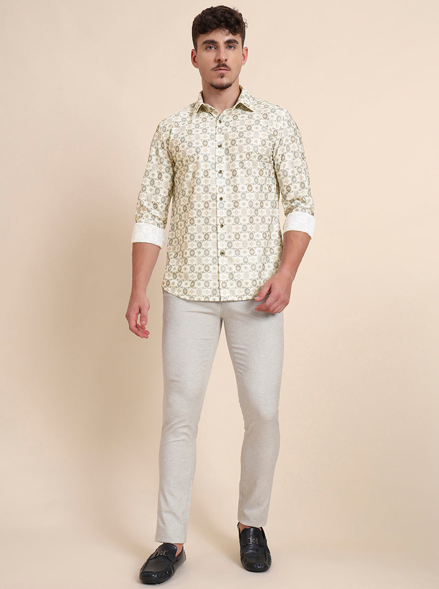 Beige Printed Super Slim Fit Casual Trouser | Greenfibre