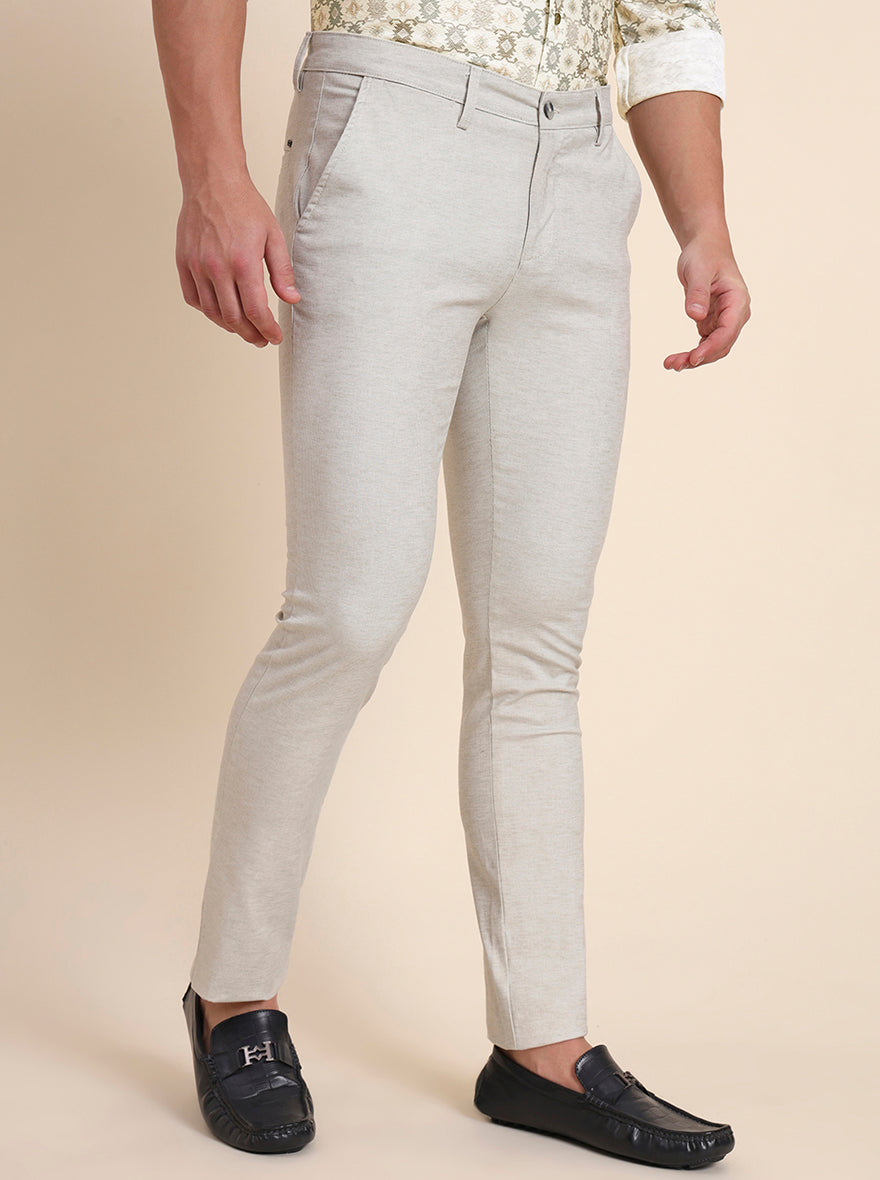 Beige Printed Super Slim Fit Casual Trouser | Greenfibre