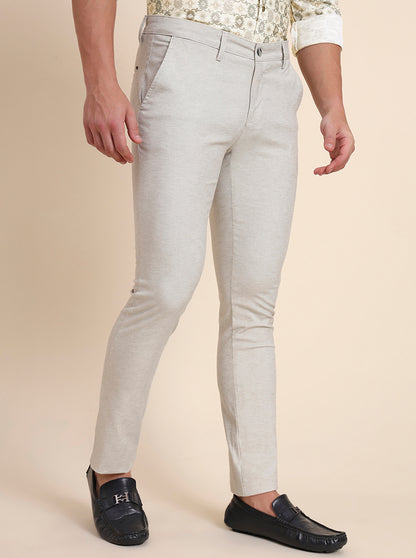 Beige Printed Super Slim Fit Casual Trouser | Greenfibre